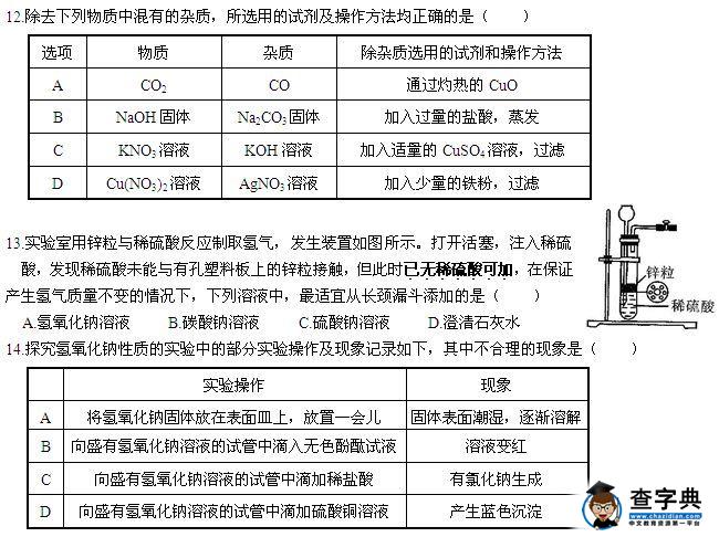 中考化学试卷模拟＋参考答案4