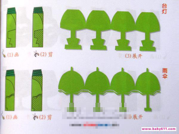 台灯。雨伞［剪纸方法：二方连续］ - 儿童剪纸1