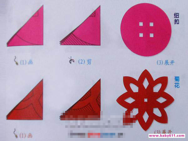 纽扣。菊花[剪纸方法：四角折剪] - 儿童剪纸1